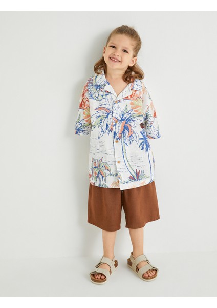 Kısa Kollu Gömlek Palmiye Baskılı Pamuklu