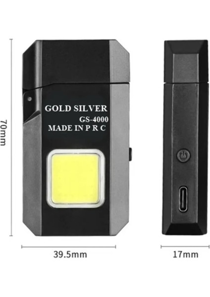 Gold Silver  Gazsız Rezistanslı Elektrikli USB Şarjlı Çakmak Mini Cob El Fenerli 2 In 1 Mini Projektörlü Çakmak