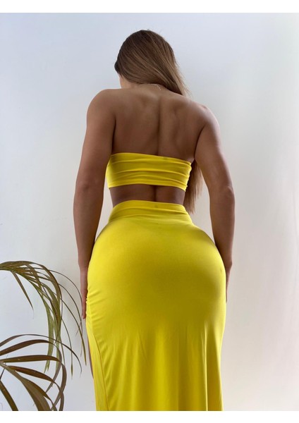 Sarı Sandy Kumaş Tokalı Büstiyer ve Etekli Ikili Takım modelleri