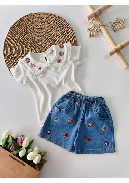 Çiçek Nakış Detaylı Kız Çocuk Şortlu Takım - Beyaz-Mavi
