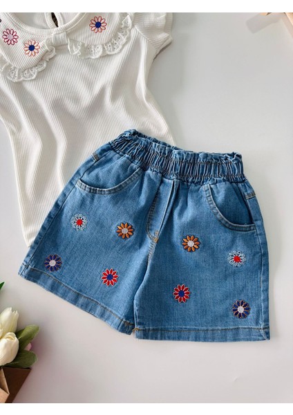 Çiçek Nakış Detaylı Kız Çocuk Şortlu Takım - Beyaz-Mavi fiyatları