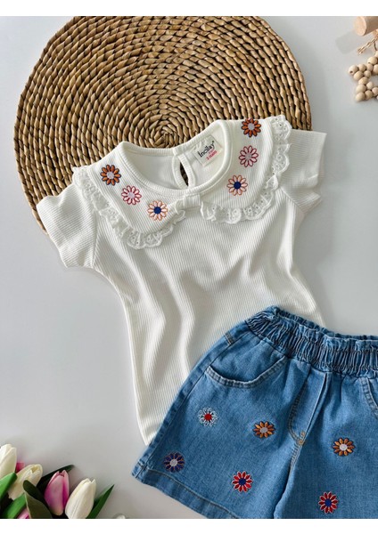 Çiçek Nakış Detaylı Kız Çocuk Şortlu Takım - Beyaz-Mavi modelleri