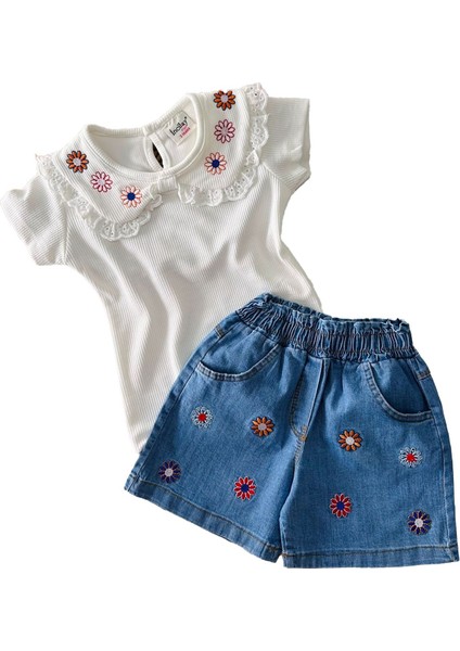 Çiçek Nakış Detaylı Kız Çocuk Şortlu Takım - Beyaz-Mavi fırsatları