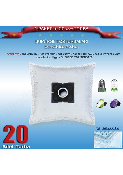 Contı Cvc 101 Verdura - 102 Verdino - 202 Vasto - 301 Multiclean - 302 Multiclean Maxi Modellerine Uygun Süpürge Toz Torbası 200120