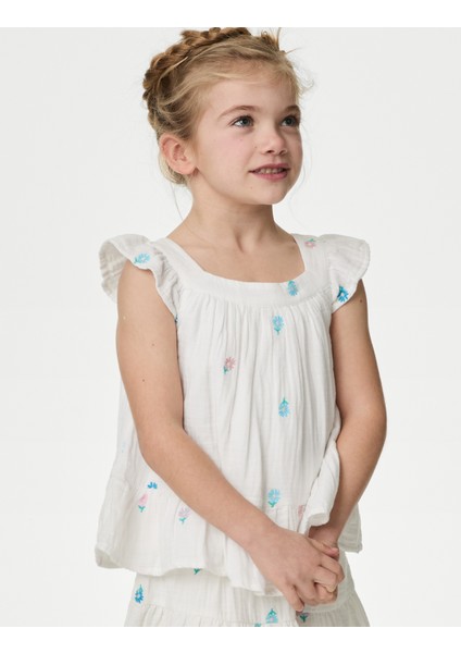 Saf Pamuklu Çiçek Desenli Bluz (2-7 Yaş)