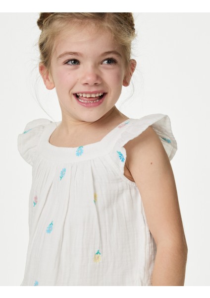 Saf Pamuklu Çiçek Desenli Bluz (2-7 Yaş) fiyatları