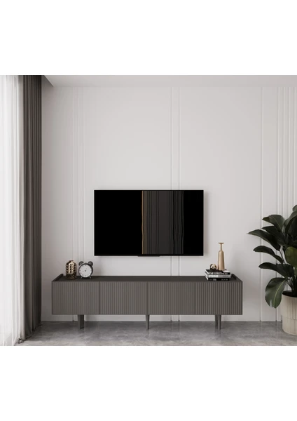 Capella Gri Mdf Country 4 Kapaklı Ahşap Ayaklı 160 cm Tv Ünitesi