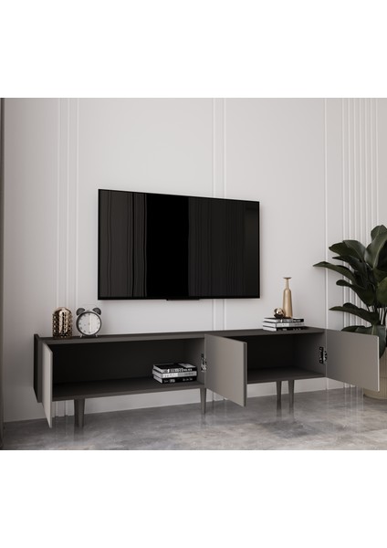 Capella Gri Mdf Country 4 Kapaklı Ahşap Ayaklı 180 cm Tv Ünitesi