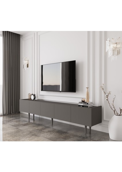 Capella Gri Mdf Country 5 Kapaklı Ahşap Ayaklı 200 cm Tv Ünitesi