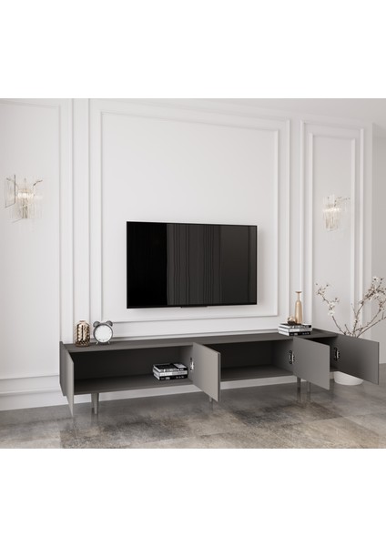 Capella Gri Mdf Country 5 Kapaklı Ahşap Ayaklı 200 cm Tv Ünitesi