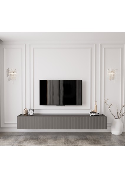 Capella Gri Mdf Country 5 Kapaklı Duvara Monte 200 cm Tv Ünitesi