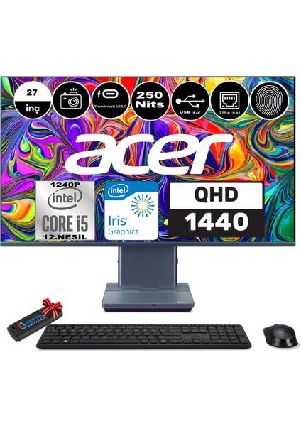 Aspıre S27-1755 Intel Core I5-1240P 32GB 2tb SSD 27" Wqhd 1440P Windows 11 Home Parmak Izi Okuyucu All In One Bilgisayar WHDQBKDEM006+ Zetta Flash Bellek
