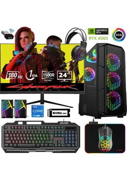 XSR512 I5 12400F 32GB Ram 512GB M.2 Nvme SSD 8gb RTX4060 24"curved 180Hz Oyun Bilgisayarı