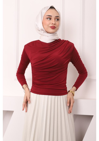Bordo Balıkçı Yaka Drapeli Sandy Bluz modelleri