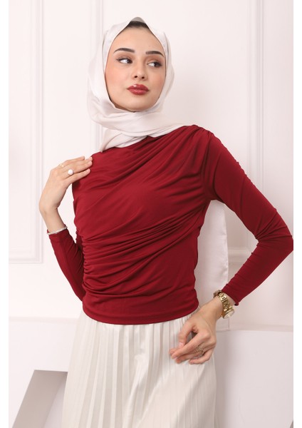 Bordo Balıkçı Yaka Drapeli Sandy Bluz fırsatları