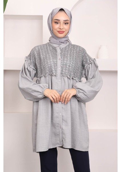 Gri Dantelli Kol Lastikli Tunik modelleri