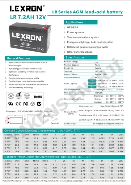 7.2 Ah 12V Kuru Akü Lexron