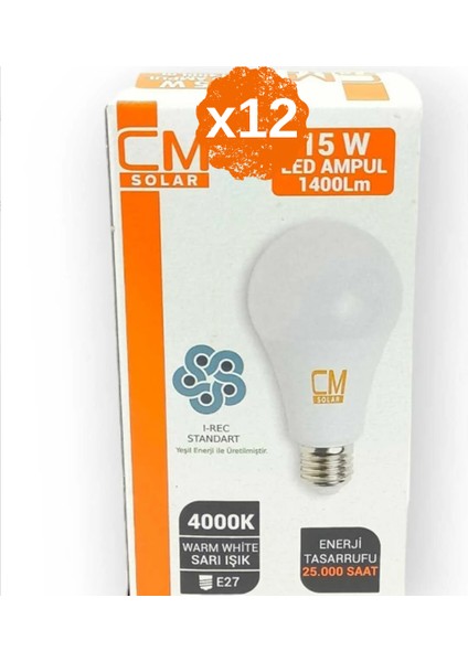 12 Adet - 15W LED 4000K Sarı Işık Ampul E27 Duylu