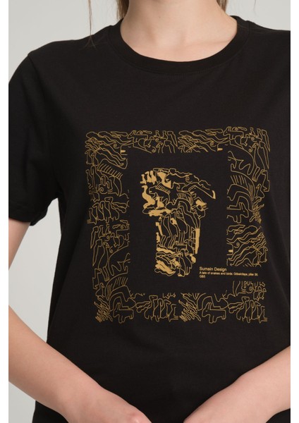 Göbeklitepe Baskılı Kadın Siyah T-Shirt