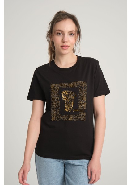 Göbeklitepe Baskılı Kadın Siyah T-Shirt