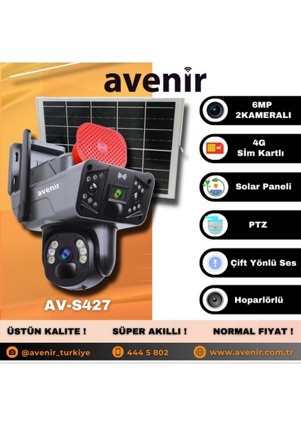 AV-S427 Modeli  4g 6mp Dual Lens Güneş Panelli Solar Kamera