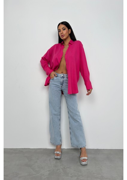 Oversıze Keten Gömlek-Pembe %100 Pamuk