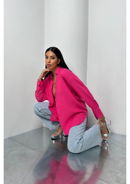 Oversıze Keten Gömlek-Pembe %100 Pamuk fiyatları