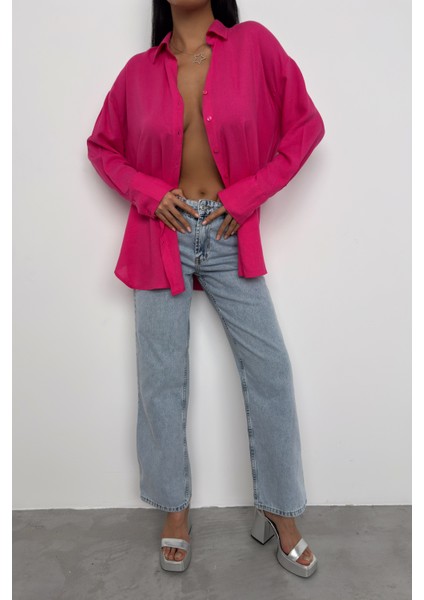 Oversıze Keten Gömlek-Pembe %100 Pamuk fırsatları