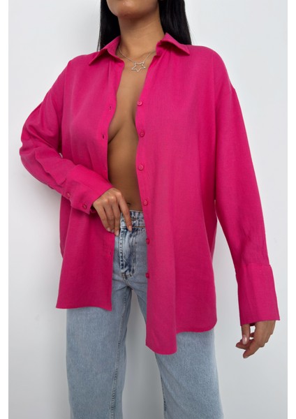 Oversıze Keten Gömlek-Pembe %100 Pamuk indirimleri