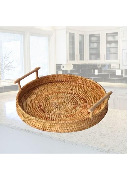 Yuvarlak El Dokuma Meyve Depolama Sepeti Rattan Ekmek Servik El Işi Tepsi Tabağı ile Ahşap Saplı Retro Klasik Piknik Prop | Depolama Tepsileri (L) (Yurt Dışından)