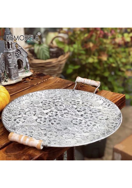 El Işi Yuvarlak Düz Metal Plaka Retro Tatlı Kek Ekmek Plaka Ahşap Kolları ile Dekoratif Antika Servis Tepsisi Restoran | Depolama Tepsileri (Ler) (Yurt Dışından)