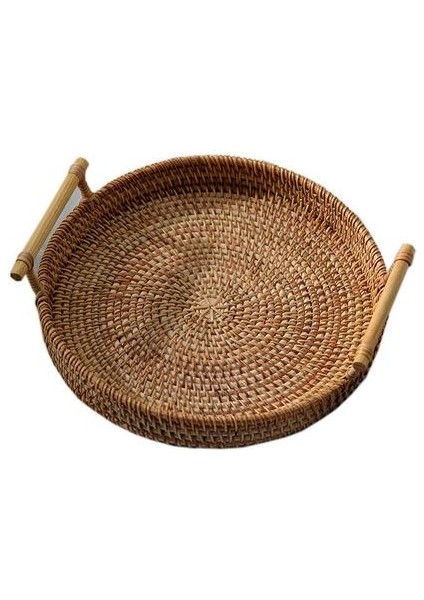 Yuvarlak El Dokuma Meyve Depolama Sepeti Rattan Ekmek Servis El Işi Tepsi Tabağı ile Ahşap Saplı | Depolama Tepsileri (Ler) (Yurt Dışından)