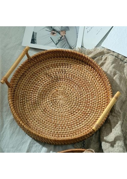 Yuvarlak El Dokuma Meyve Depolama Sepeti Rattan Ekmek Servis El Işi Tepsi Tabağı ile Ahşap Saplı | Depolama Tepsileri (Ler) (Yurt Dışından)