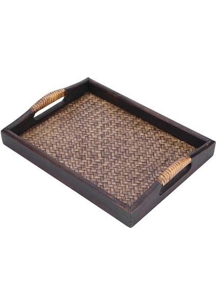 Çok Fonksiyonlu Ahşap Servis Tepsileri Kolu Dikdörtgen El Yapımı Rattan Bambu Çay / Yağ Tepsileri Tatlı / Kahve / Meyve Tabağı | Depolama Tepsileri (M) (Yurt Dışından)