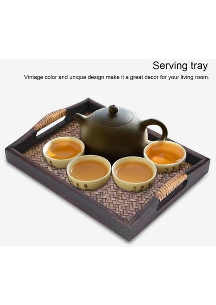 Çok Fonksiyonlu Ahşap Servis Tepsileri Kolu Dikdörtgen El Yapımı Rattan Bambu Çay / Yağ Tepsileri Tatlı / Kahve / Meyve Tabağı | Depolama Tepsileri (M) (Yurt Dışından)