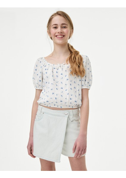 Çiçek Desenli Kısa Kollu Bluz (6-16 Yaş)