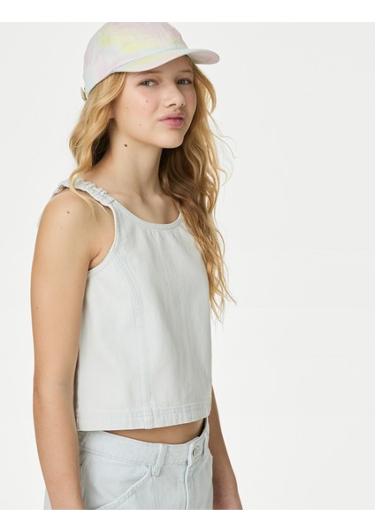 Saf Pamuklu Askılı Denim Bluz (6-16 Yaş)