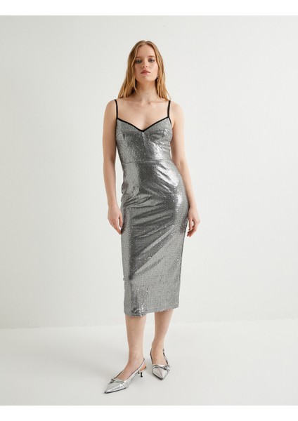 Pullu Payetli Uzun Abiye Elbise Ince Askılı modelleri