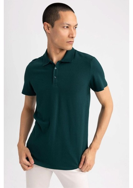 Erkek Yeşil Slim Fit Serin Tutan Nefes Alan Petek Doku Organik Pamuklu Kısa Kollu Polo Yaka T-Shirt