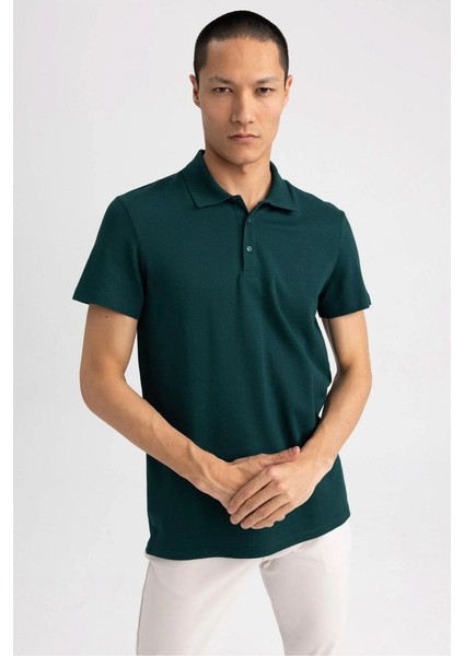 Erkek Yeşil Slim Fit Serin Tutan Nefes Alan Petek Doku Organik Pamuklu Kısa Kollu Polo Yaka T-Shirt