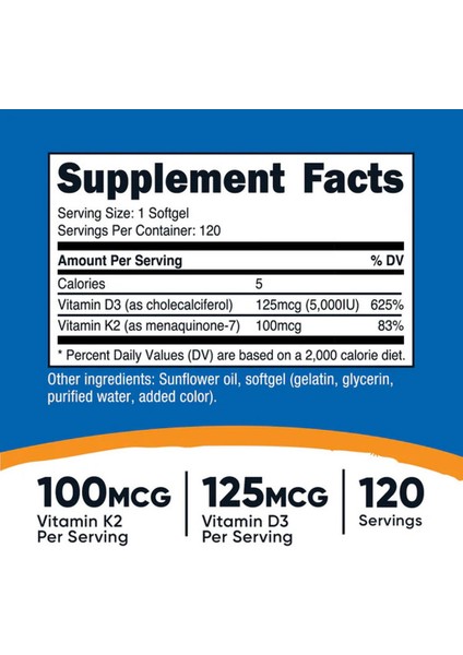 Nutricost Vitamin K2 + Vitamin D3 5000UI 120 Softgels
