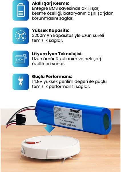 Mavi Xiaomi Mi Vacuum Mop Pro Batarya Kutulu (Orjinal Kapasite) 3.200MAH Robot Süpürge Bataryası