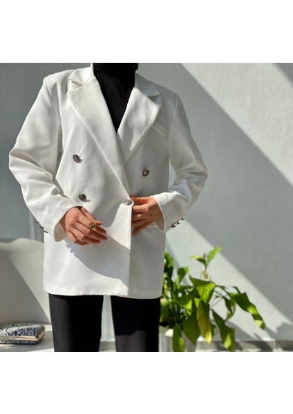 Kruvaze Blazer Ceket Beyaz