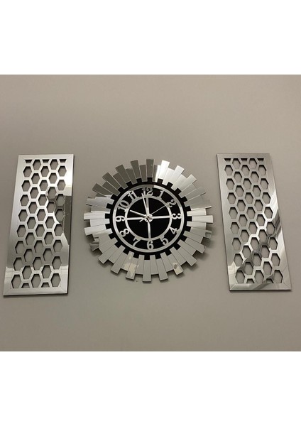 Tekno Trust Ahşap Dekoratif Xxl Gümüş 3 Lü Duvar Saati Seti 50 cm Modern Türk Rakamlı Duvar Saati 25 x 58 cm Pe
