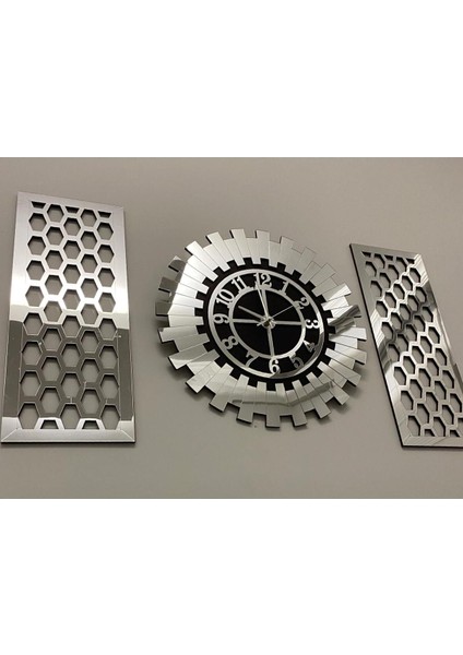 Tekno Trust Ahşap Dekoratif Xxl Gümüş 3 Lü Duvar Saati Seti 50 cm Modern Türk Rakamlı Duvar Saati 25 x 58 cm Pe indirimleri