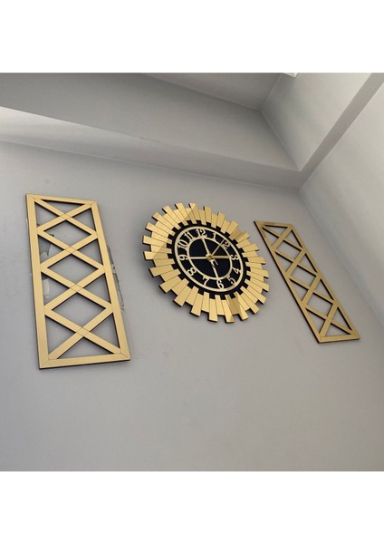 Tekno Trust Ahşap Dekoratif Duvar Saati Gold 3 Lü Set 60 cm Şık Türk Rakamlı Saat, Modern 30X70 cm Çapraz Tablo