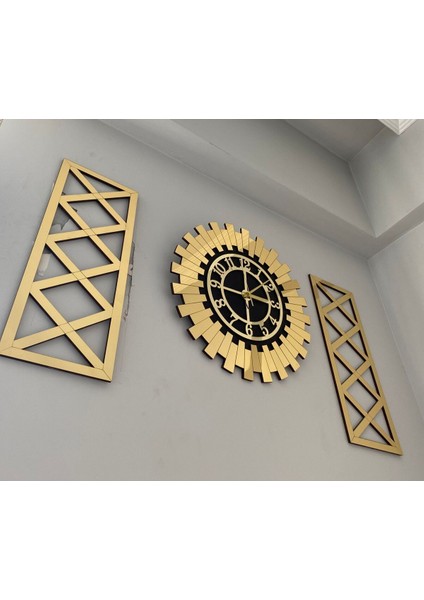 Tekno Trust Ahşap Dekoratif Duvar Saati Gold 3 Lü Set 60 cm Şık Türk Rakamlı Saat, Modern 30X70 cm Çapraz Tablo