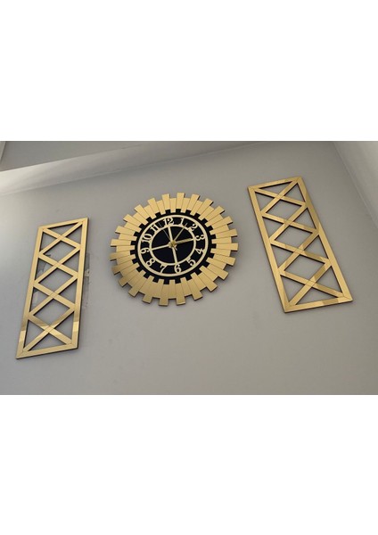 Tekno Trust Ahşap Dekoratif Duvar Saati Gold 3 Lü Set 60 cm Şık Türk Rakamlı Saat, Modern 30X70 cm Çapraz Tablo