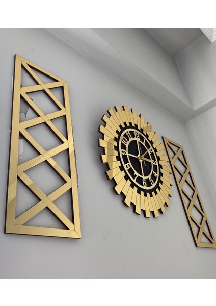 Tekno Trust Ahşap Dekoratif Duvar Saati Gold 3 Lü Set 60 cm Şık Türk Rakamlı Saat, Modern 30X70 cm Çapraz Tablo