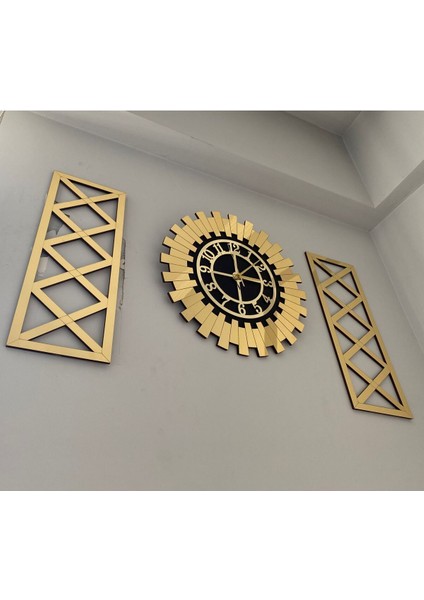 Tekno Trust Ahşap Dekoratif Duvar Saati Gold 3 Lü Set 60 cm Şık Türk Rakamlı Saat, Modern 30X70 cm Çapraz Tablo